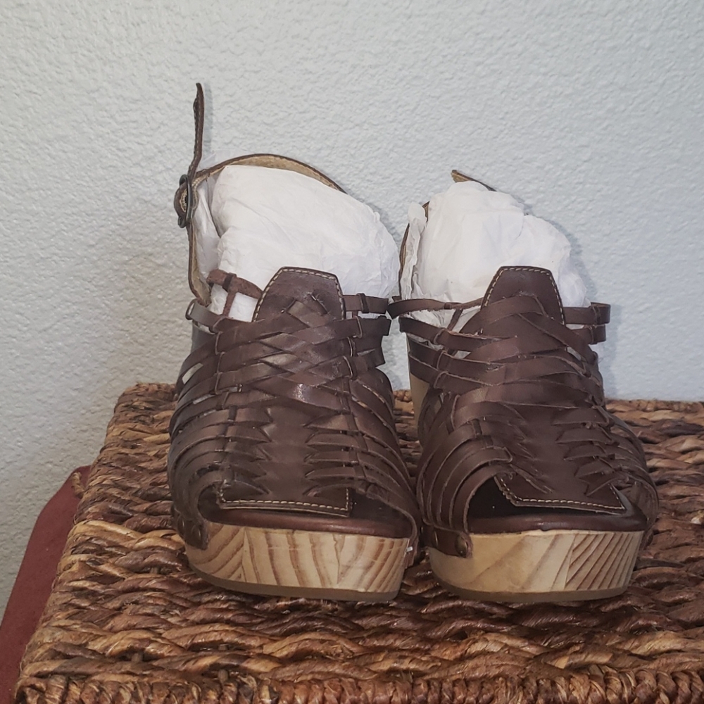 Bed Stu Brown Woven Leather Wedge Sandals